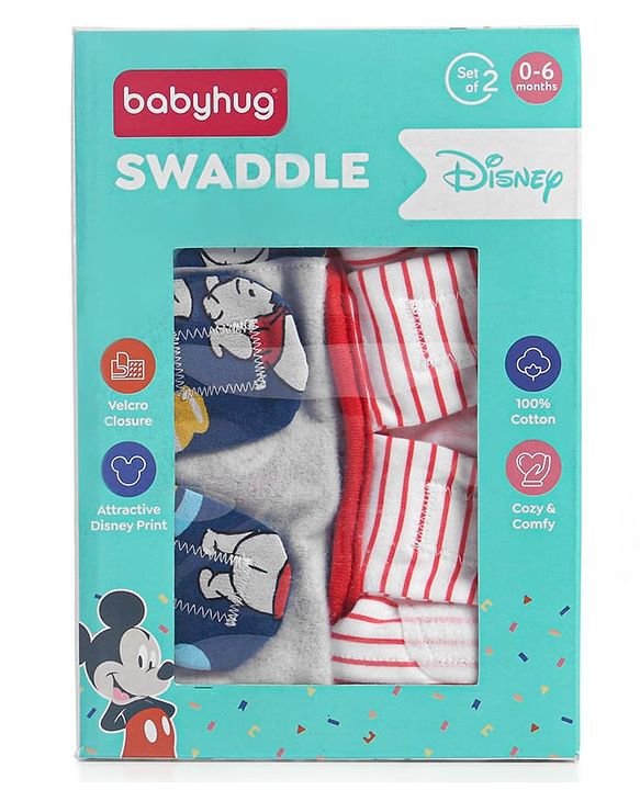 Babyhug Disney Swaddle Cool Mickey Print Set of 2 - Blue & White