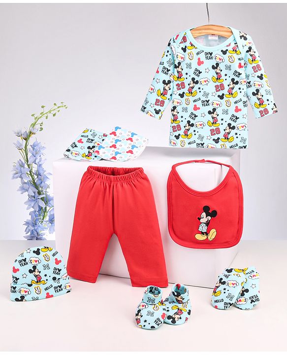 Babyhug Disney Premium 100% Cotton Clothing Gift Set with Winnie The Pooh Print Navy Blue & Red - Pack of 7