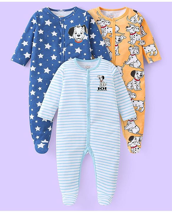Babyhug Disney Cotton Knit Full Sleeves Sleepsuits With 101 Dalmatians & Lion King Graphics Pack Of 3 - Light Blue Orange & Blue