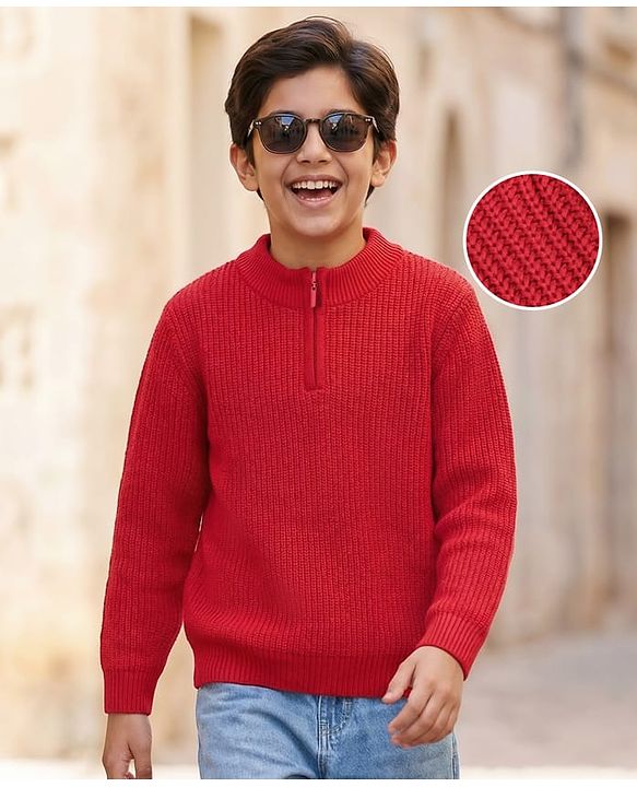 Pine Kids Knit Full Sleeves Pullover Solid Colour- Red