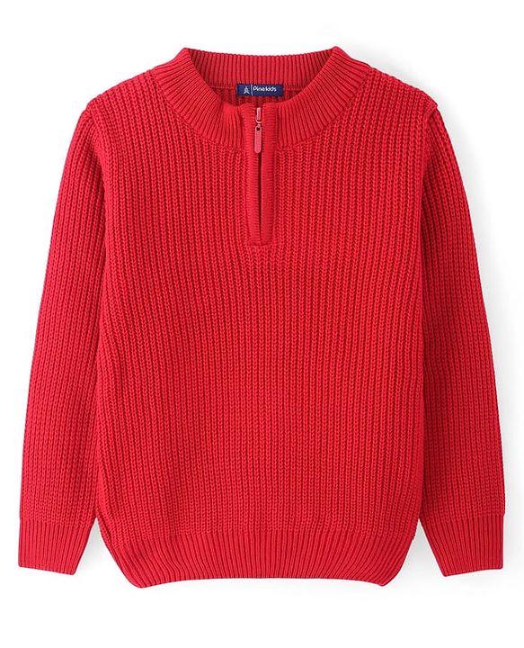 Pine Kids Knit Full Sleeves Pullover Solid Colour- Red