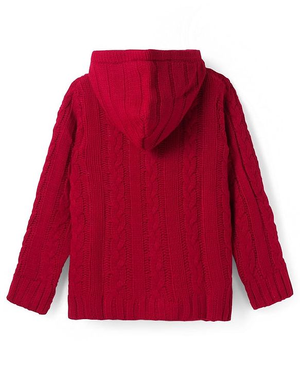 Pine Kids Knitted Full Sleeves Hooded Front Open Sweater with Cable Knit Design - Dark Red