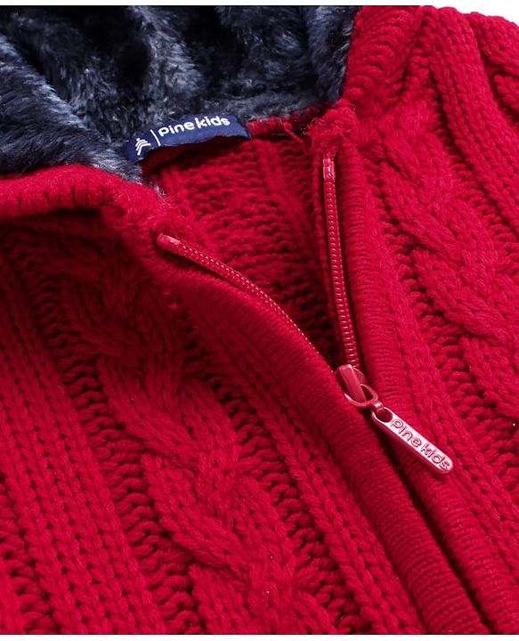 Pine Kids Knitted Full Sleeves Hooded Front Open Sweater with Cable Knit Design - Dark Red