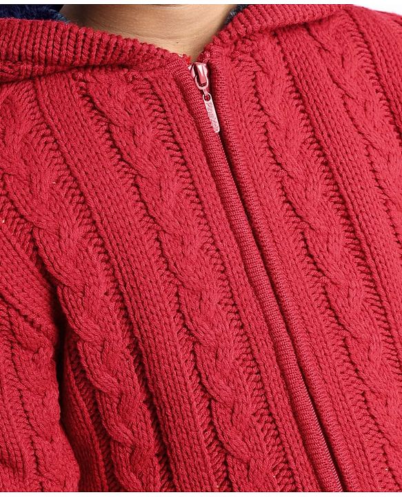 Pine Kids Knitted Full Sleeves Hooded Front Open Sweater with Cable Knit Design - Dark Red