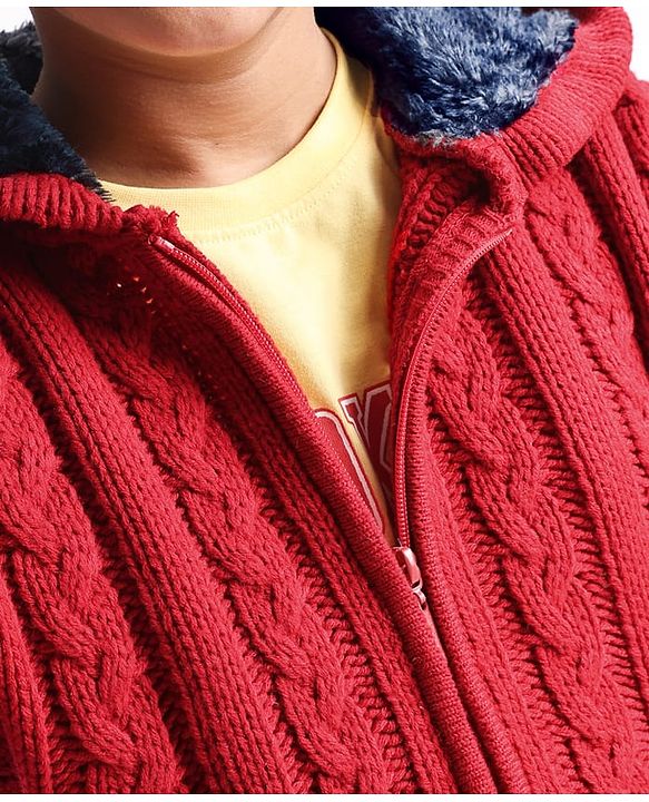 Pine Kids Knitted Full Sleeves Hooded Front Open Sweater with Cable Knit Design - Dark Red