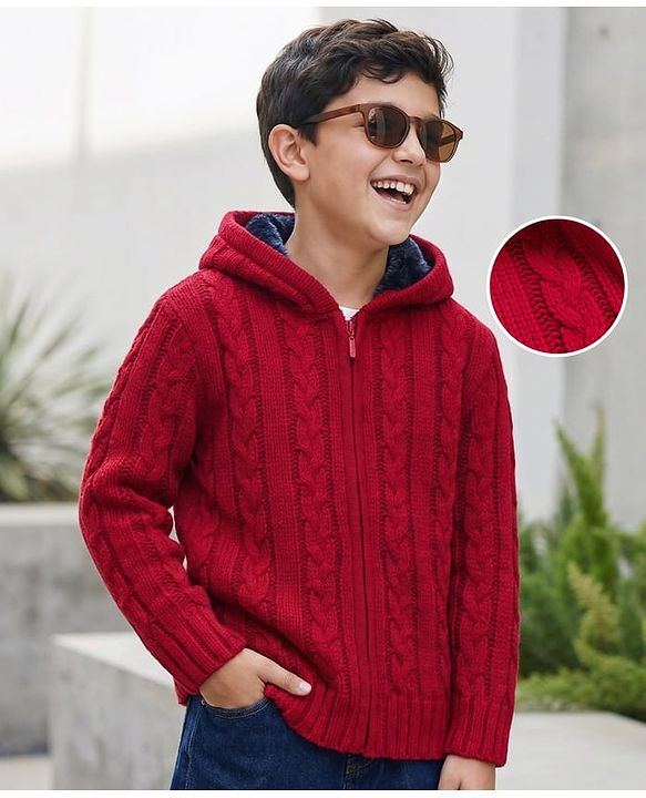 Pine Kids Knitted Full Sleeves Hooded Front Open Sweater with Cable Knit Design - Dark Red