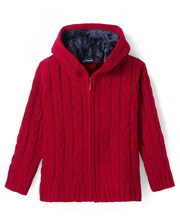 Pine Kids Knitted Full Sleeves Hooded Front Open Sweater with Cable Knit Design - Dark Red