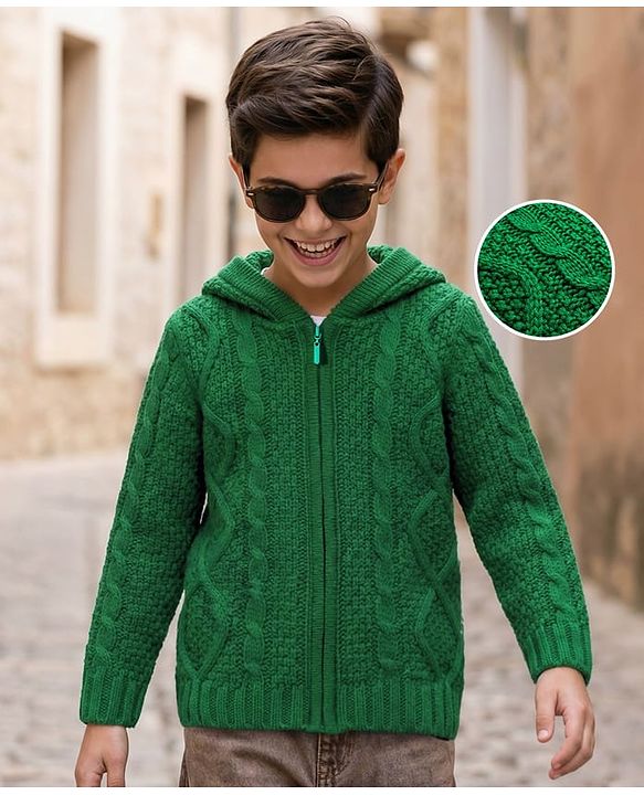 Pine Kids Knitted Full Sleeves Hooded Front Open Sweater with Cable Knit Design - Green