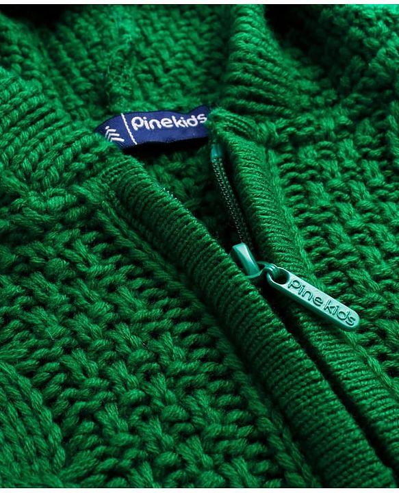 Pine Kids Knitted Full Sleeves Hooded Front Open Sweater with Cable Knit Design - Green