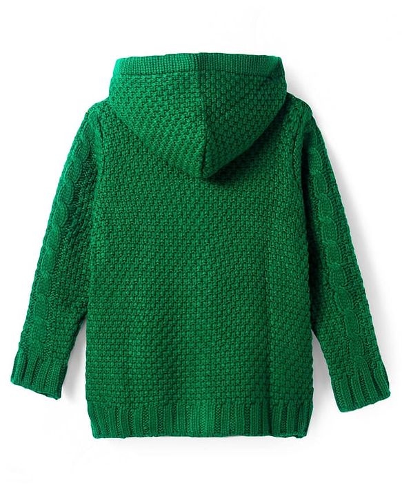Pine Kids Knitted Full Sleeves Hooded Front Open Sweater with Cable Knit Design - Green