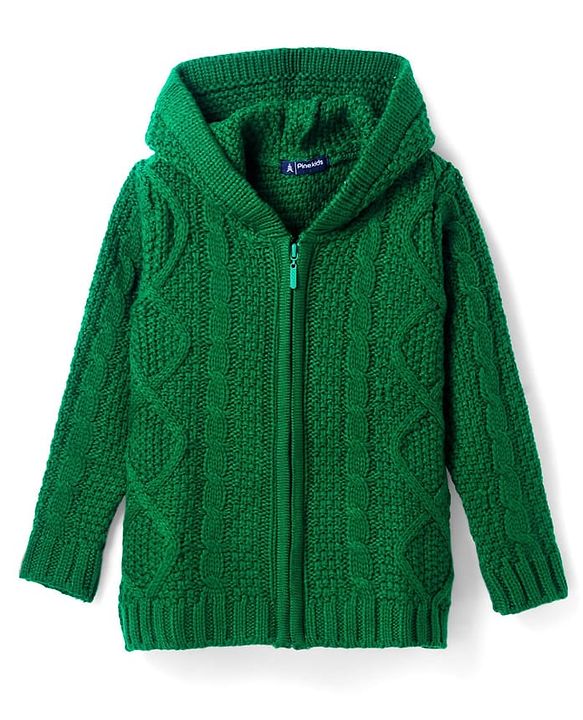 Pine Kids Knitted Full Sleeves Hooded Front Open Sweater with Cable Knit Design - Green