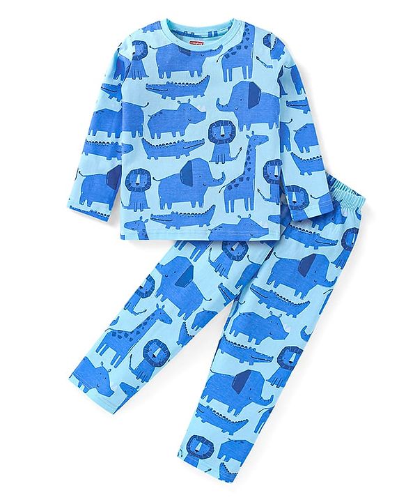 Babyhug Cotton Knit Full Sleeves Night Suit Animal Print - Blue