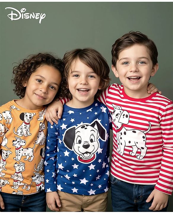 Babyhug Disney Single Jersey Knit Full Sleeves T-Shirts With 101 Dalmatians Graphics Pack of 3 - Red Blue & Orange