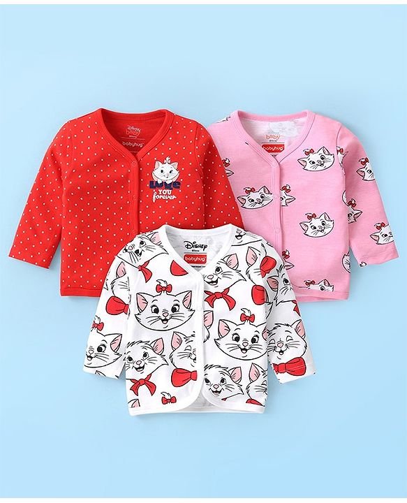 Babyhug Disney Interlock Knit Full Sleeve Jhablas with Marie Graphics & Polka Dot Print Pack of 3 - White Pink & Red