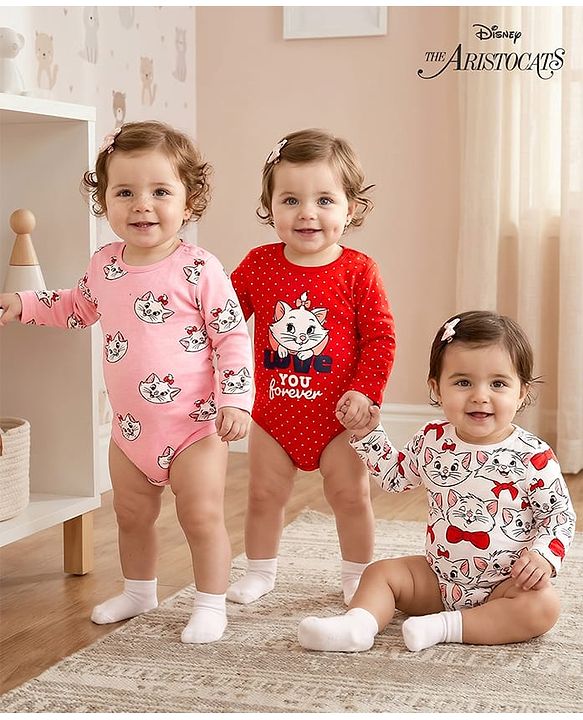 Babyhug Disney  Interlock Knit Full Sleeve Onesies with Aristocats - Marie Graphics Pack of 3 - Red Pink & White