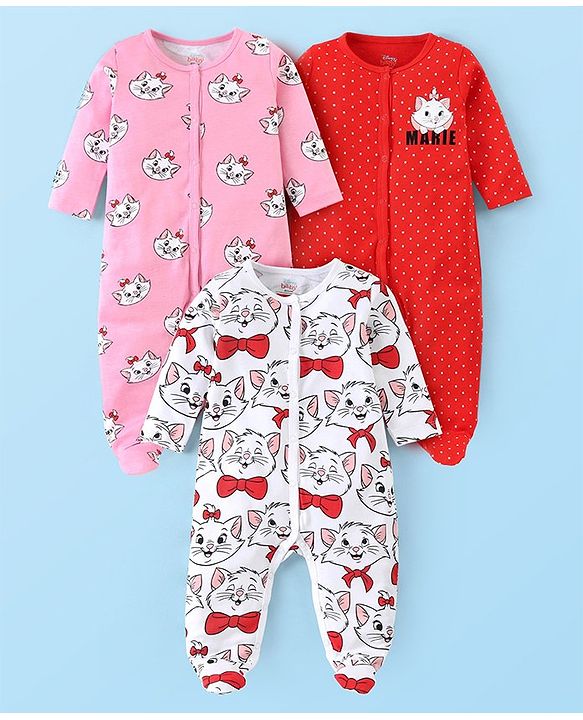 Babyhug Disney Interlock Knit Full Sleeves Sleep Suits with Stripes & Aristocats Graphics Pack of 3 - Pink Red & White