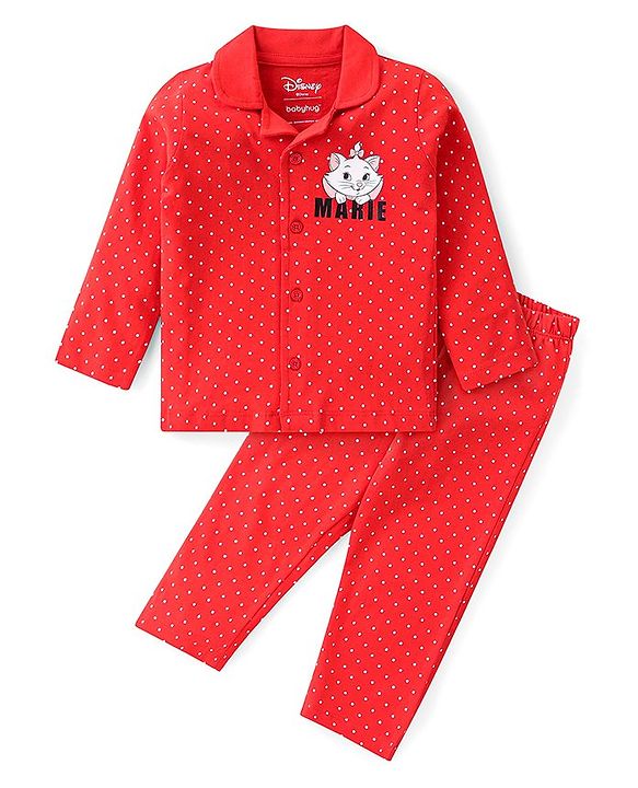 Babyhug Disney Cotton Knit Full Sleeves Front Open Night Suit With Polka Dots & Aristocats Marie Print - Red