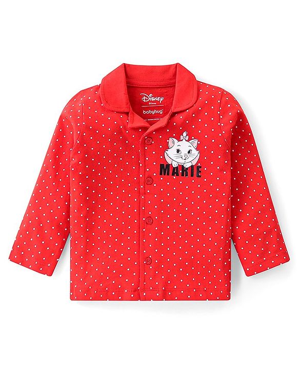 Babyhug Disney Cotton Knit Full Sleeves Front Open Night Suit With Polka Dots & Aristocats Marie Print - Red