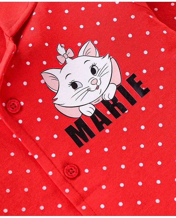 Babyhug Disney Cotton Knit Full Sleeves Front Open Night Suit With Polka Dots & Aristocats Marie Print - Red