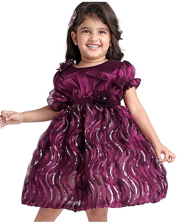 Babyhug Woven Puffed Sleeves Fit & Flared Sequined Ruffled Party Frock with Floral Applique - Wine