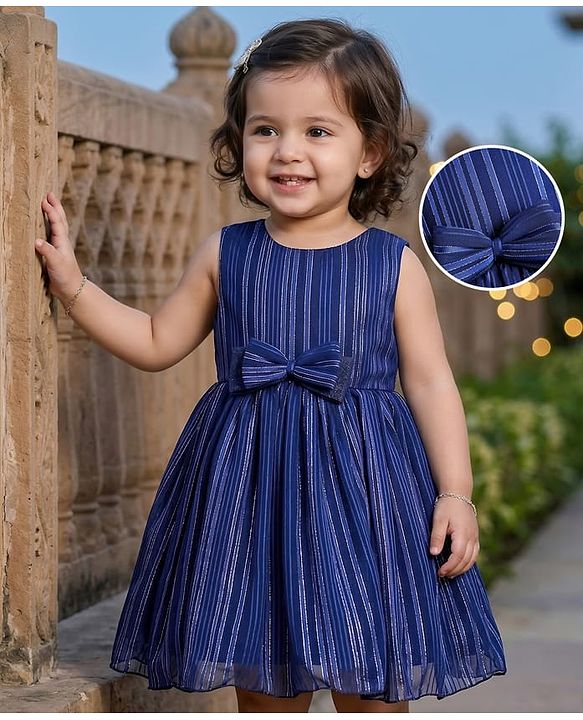 Babyhug Woven Sleeveless Fit & Flared Striped Party Frock with Bow Detailing - Blue