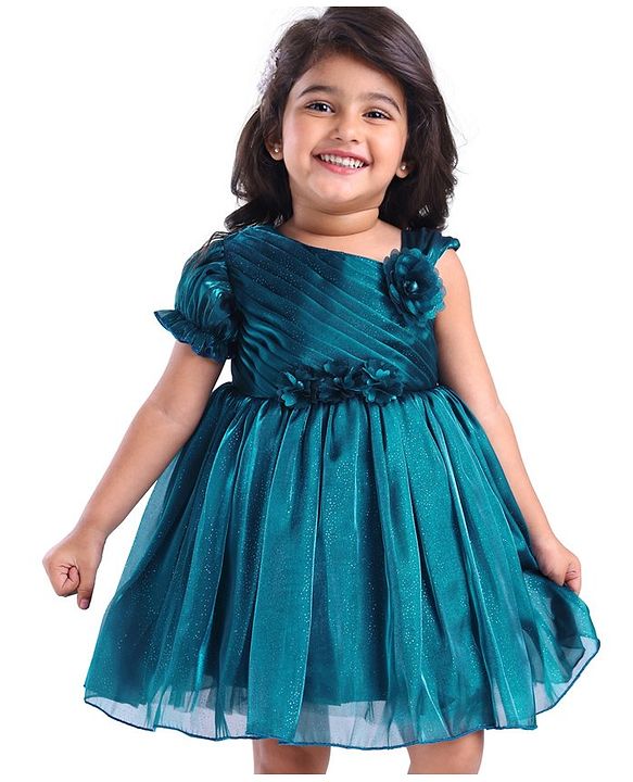 Babyhug  Woven One Shoulder  Sleeves Party Frock with Floral Applique  - Teal Blue