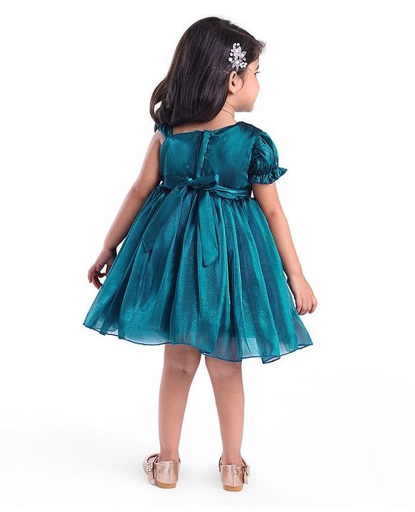 Babyhug  Woven One Shoulder  Sleeves Party Frock with Floral Applique  - Teal Blue