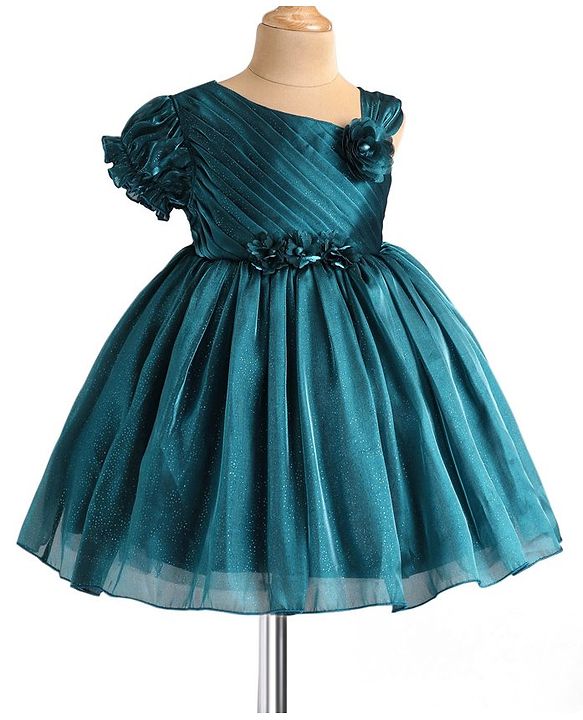 Babyhug  Woven One Shoulder  Sleeves Party Frock with Floral Applique  - Teal Blue