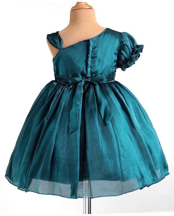 Babyhug  Woven One Shoulder  Sleeves Party Frock with Floral Applique  - Teal Blue