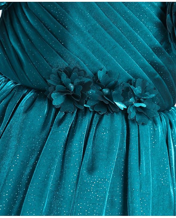 Babyhug  Woven One Shoulder  Sleeves Party Frock with Floral Applique  - Teal Blue