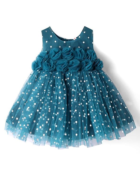 Babyhug Woven Sleeveless Fit & Flared Textured Foil Printed Party Dress with Floral Applique - Teal Blue