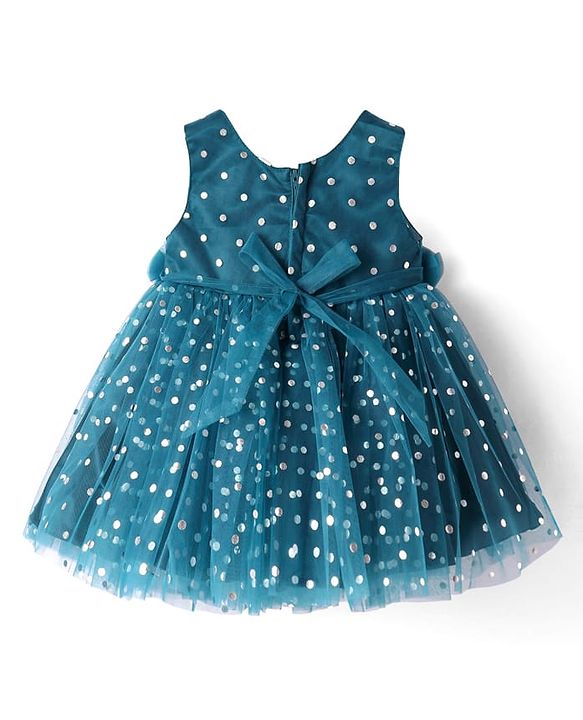 Babyhug Woven Sleeveless Fit & Flared Textured Foil Printed Party Dress with Floral Applique - Teal Blue