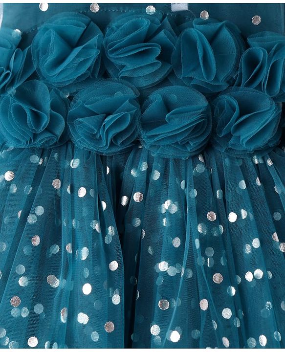 Babyhug Woven Sleeveless Fit & Flared Textured Foil Printed Party Dress with Floral Applique - Teal Blue
