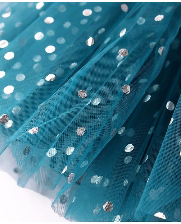 Babyhug Woven Sleeveless Fit & Flared Textured Foil Printed Party Dress with Floral Applique - Teal Blue