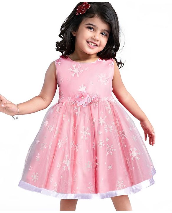 Babyhug Sleeveless  Organza Party Frock With Floral Print & Bow Applique- Grey
