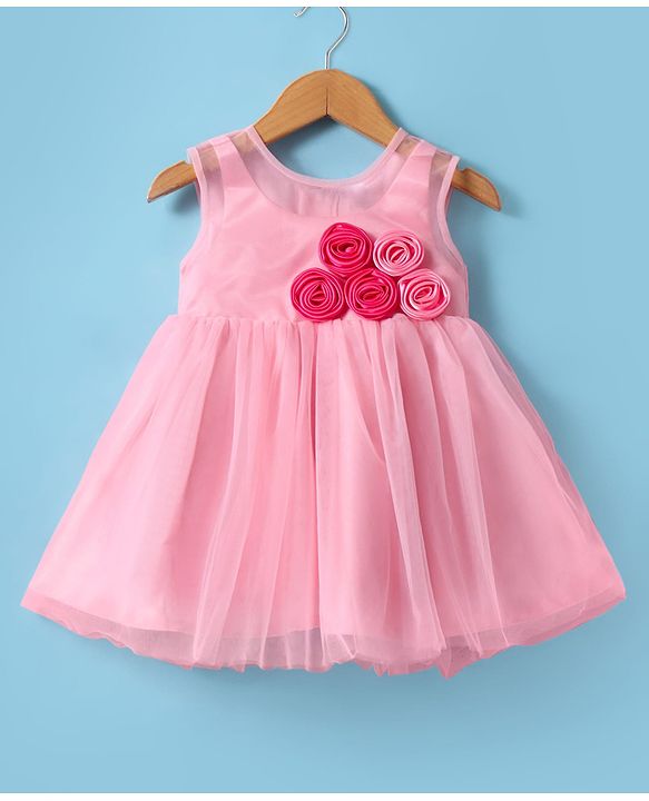 Babyhug Woven Sleeveless Fit & Flared Party Dress with Floral Applique - Pink