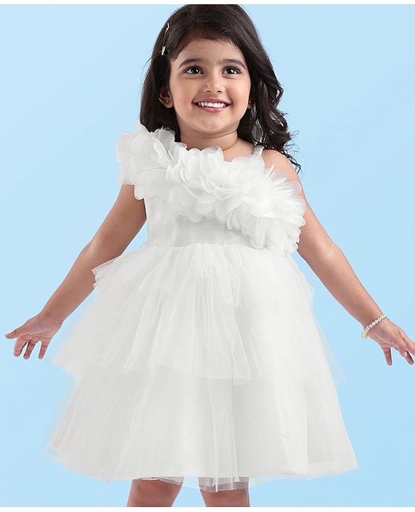 Babyhug Woven Sleeveless Party Frock With Floral Corsage & Ruffle Details - White