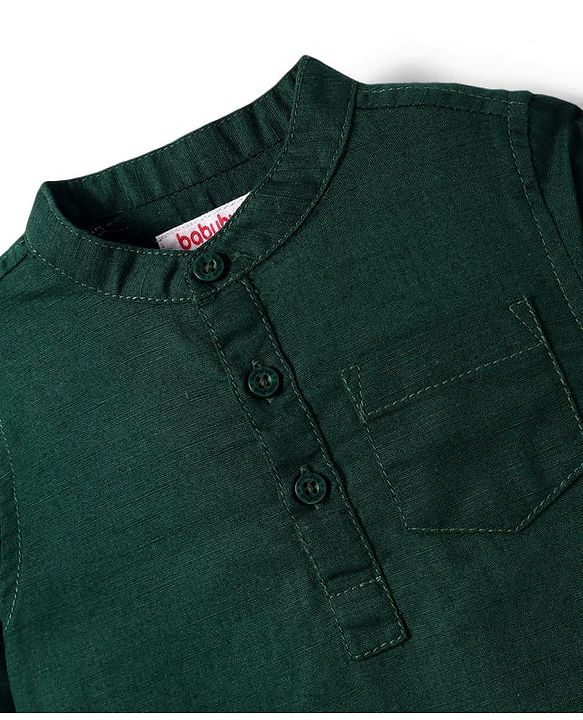 Babyhug Linen Full Sleeves Mandarin Collar Solid Colour Kurta Style Shirt - Dark Green