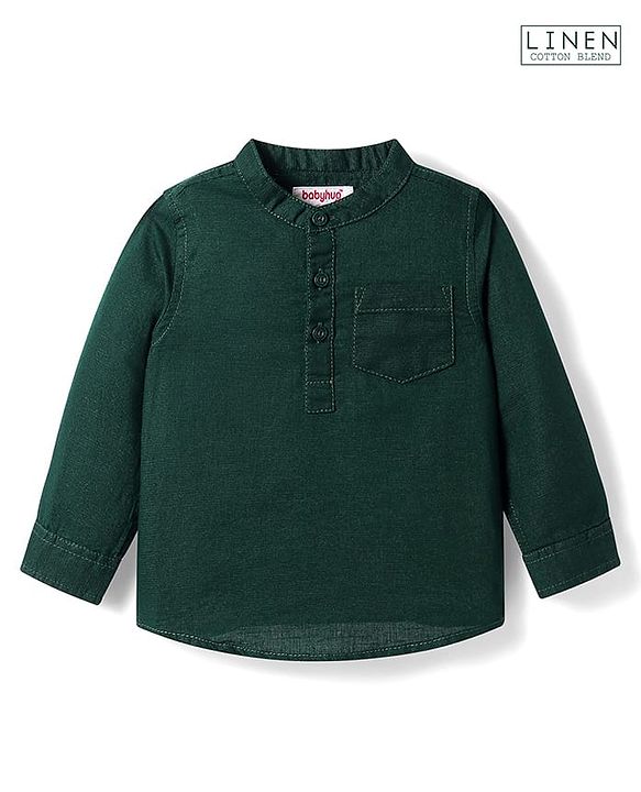 Babyhug Linen Full Sleeves Mandarin Collar Solid Colour Kurta Style Shirt - Dark Green