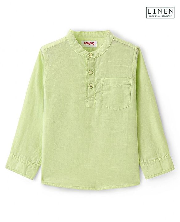 Babyhug Cotton Linen Woven Full Sleeves Mandarin Collar Solid Kurta Shirt -Lime