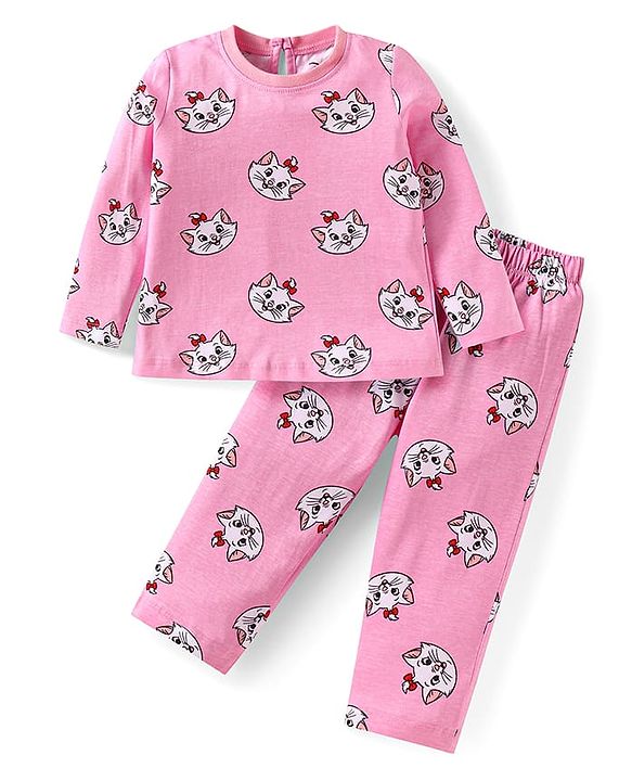 Babyhug Disney Interlock Knit Full Sleeves Night Suit With Aristocats Marie Graphics - Pink