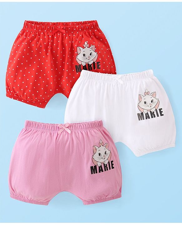 Babyhug Disney Cotton Knit Aristocats Marie Graphic & Bow Detailing Bloomers Pack of 3 - White Red & Pink