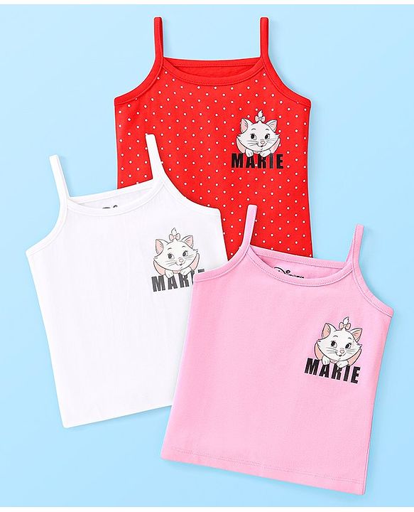 Babyhug Disney Cotton Knit Singlet Sleeves Slips with Aristocats Marie Graphics & Badge Detailing pack of 3 - Pink White & Red