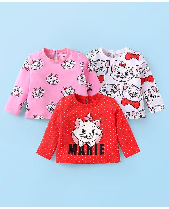 Babyhug Disney Single Jersey Knit Full Sleeves T-Shirts With Aristocats Marie Graphics Pack Of 3 - Pink Red & White