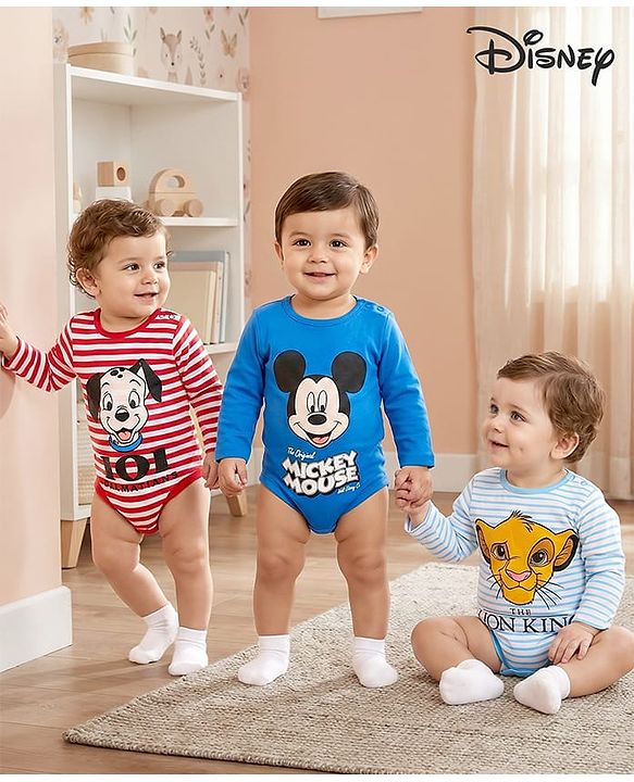 Babyhug Disney Interlock Knit Full Sleeves Striped Onesies with  101 Dalmatians  Mickey Mouse & The Lion King Graphics Pack of 3 - Blue & Red
