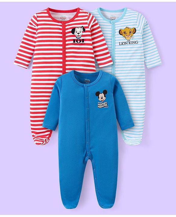 Babyhug Disney Cotton Knit Full Sleeves Striped Sleep Suits With Mickey Mouse 101 Dalmatians & Lion King Graphics Pack Of 3 - Blue Red & Sky Blue