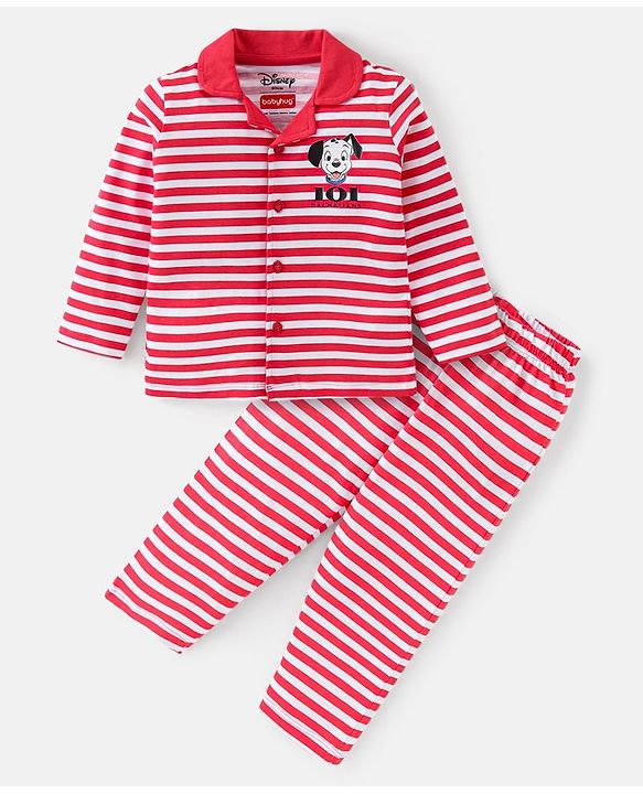 Babyhug Disney Cotton Knit Full Sleeves Front Open Night Suit with 101 Dalmatains Print - Red