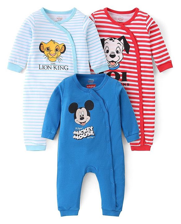 Babyhug Disney Cotton Knit Full Sleeves Striped Sleep Suits With Lion King Mickey Mouse & 101 Dalmatians Graphics Pack Of 3 - Blue & Red