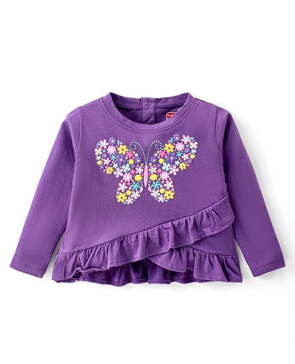 Babyhug  Cotton Knit Full Sleeves Puff Butterfly Printed Top with Frill Detailing - Purple