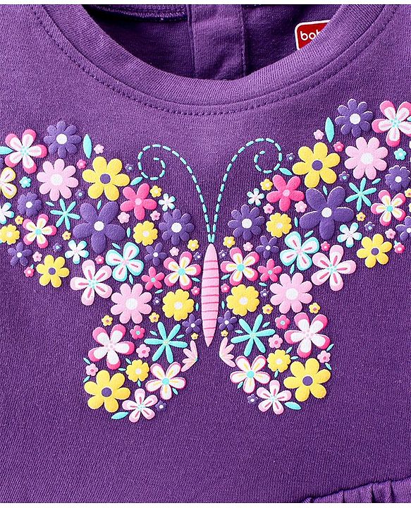 Babyhug  Cotton Knit Full Sleeves Puff Butterfly Printed Top with Frill Detailing - Purple